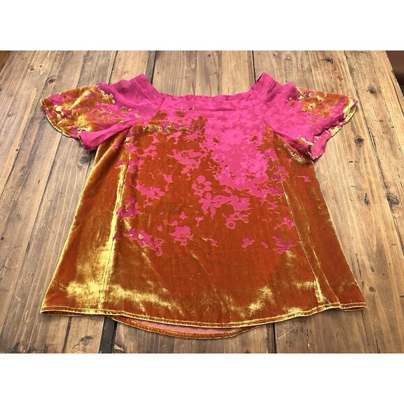 Anthropologie Maeve Ombre Shimmer Tee Top Blouse XS Floral Pink Gold Silk Blend - Picture 1 of 13